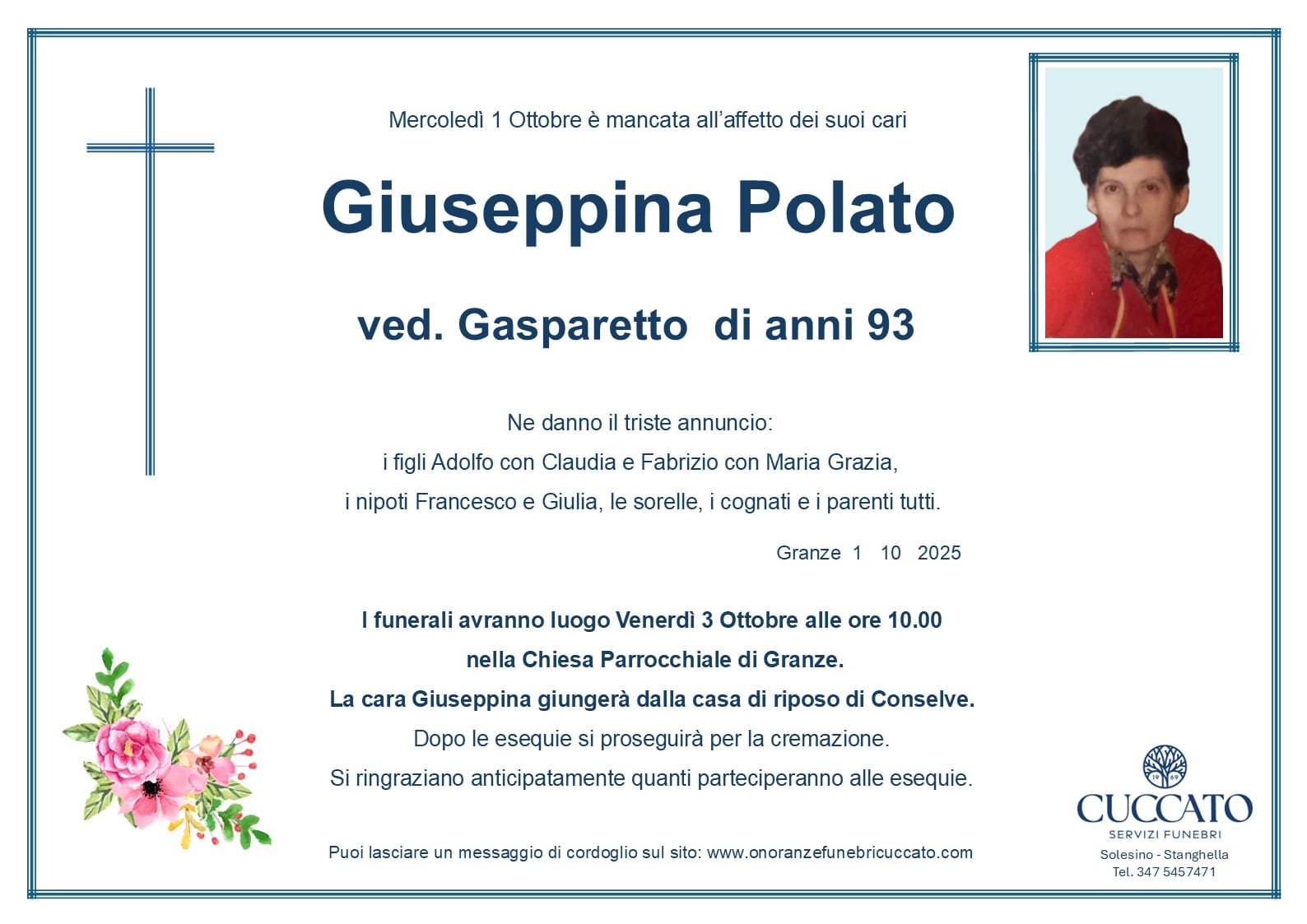 Giuseppina Polato ved. Gasparetto 1 Polato Giuseppina epigrafe